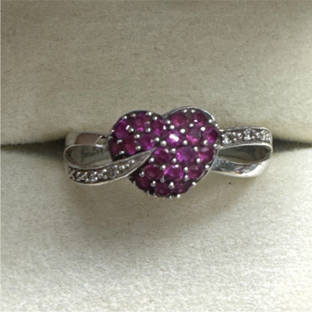 10K White Gold Ruby Heart Ring with small diamonds, size 6.5
